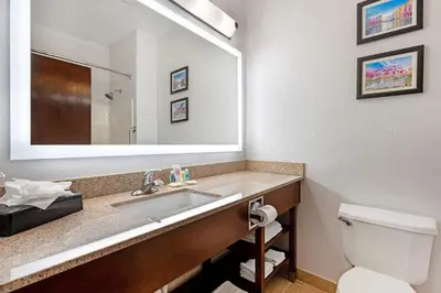 a bathroom with a sink and a toilet and a mirror at Comfort Inn & Suites North Greenfield in Greenfield
