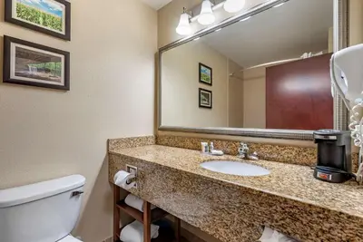 a bathroom with a sink and a toilet and a mirror at Comfort Inn & Suites Muncie Near University in Muncie