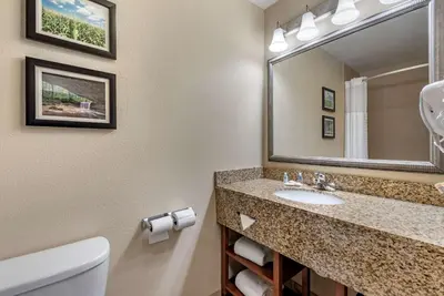 a bathroom with a sink and a mirror at Comfort Inn & Suites Muncie Near University in Muncie