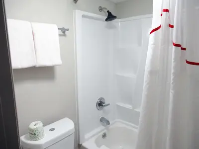 a white bathroom with a shower and a toilet at Red Roof Inn Walton, KY - Richwood - Cincinnati Airport South in Richwood