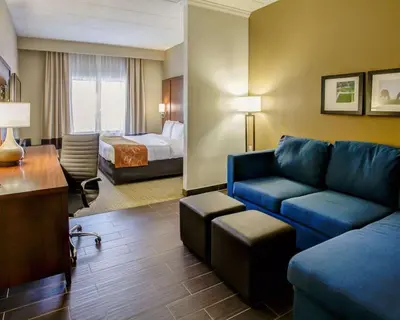 a hotel room with a couch and a bed at Comfort Suites Georgetown in Georgetown