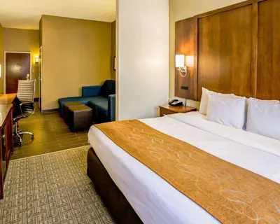 a hotel room with a large bed and a desk at Comfort Suites Georgetown in Georgetown