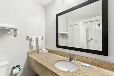 a bathroom with a sink and a toilet and a mirror at Quality Inn Dry Ridge in Dry Ridge