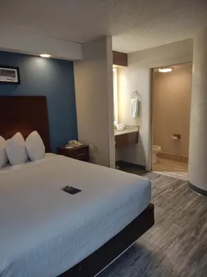 a hotel room with a bed and a bathroom at Baymont by Wyndham Flat Rock in Flat Rock