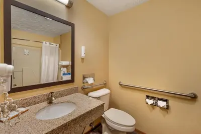 a bathroom with a toilet and a sink and a mirror at Quality Inn Greenville North in Greenville