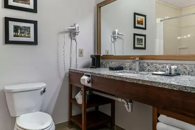 a bathroom with a toilet and a sink and a mirror at Comfort Inn East Oregon - Toledo in Oregon