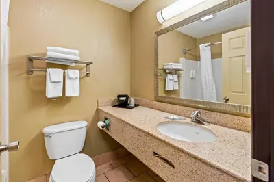 a bathroom with a sink and a toilet and a mirror at Quality Inn & Suites Seville in Seville
