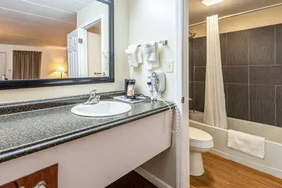 a bathroom with a sink and a toilet and a mirror at Econo Lodge Franklin - Springboro in Franklin