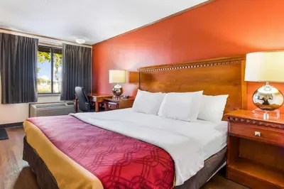 a hotel room with a bed and a desk at Econo Lodge in Norwalk