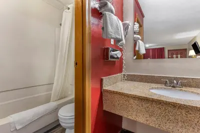 a bathroom with a sink and a toilet and a mirror at Econo Lodge Wooster in Wooster