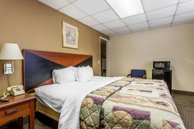 a hotel room with a bed and a telephone at Rodeway Inn Sandusky North in Sandusky