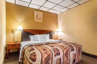 a hotel room with a bed with two pillows at Rodeway Inn Sandusky North in Sandusky