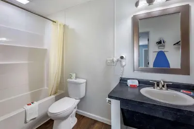 a bathroom with a toilet and a sink and a mirror at Econo Lodge Inn & Suites Sandusky South in Sandusky