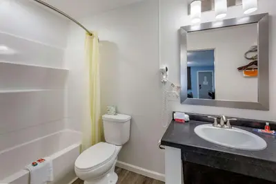 a bathroom with a toilet and a sink and a mirror at Econo Lodge Inn & Suites Sandusky South in Sandusky