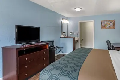 a bedroom with a bed and a flat screen tv at Econo Lodge Inn & Suites Sandusky South in Sandusky