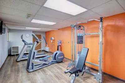 a gym with tread machines and orange walls at Holiday Inn Express Columbus South - Obetz by IHG in Obetz