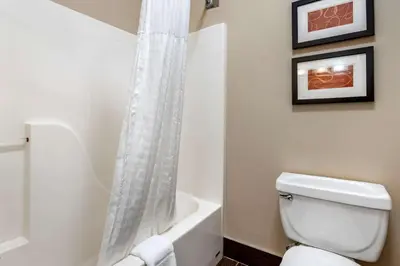 a bathroom with a white toilet and a bath tub at Comfort Suites Columbus West - Hilliard in Columbus