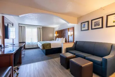 a hotel room with a bed and a couch at Comfort Suites Springfield I-70 in Springfield