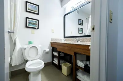 a bathroom with a toilet and a sink with a mirror at Comfort Suites Springfield I-70 in Springfield