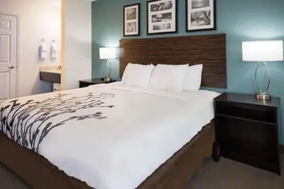 a large bed in a hotel room with two lamps at Sleep Inn & Suites Port Clinton in Port Clinton