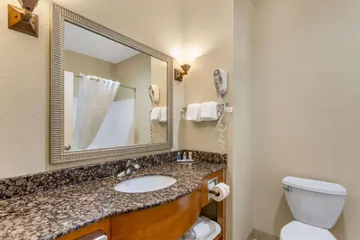 a bathroom with a sink and a mirror and a toilet at Comfort Suites South Point - Huntington in Burlington