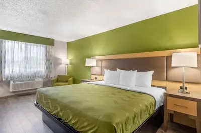 a hotel room with a bed and a green wall at Quality Inn & Suites Delaware South in Delaware