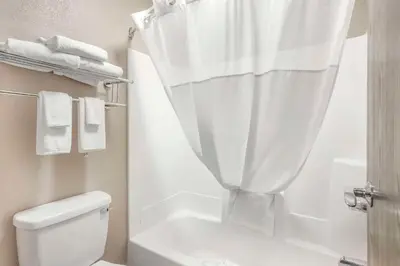 a bathroom with a white shower curtain and a toilet at Quality Inn & Suites Delaware South in Delaware
