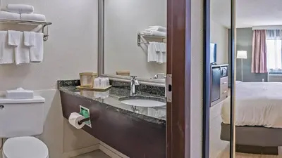 a hotel bathroom with a sink and a bed at Quality Inn Milan-Sandusky in Milan