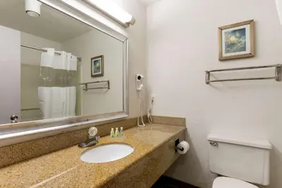 a bathroom with a sink and a toilet and a mirror at Quality Inn Alexis Rd in Toledo