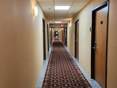 a corridor of an office building with a carpeted hallway at Quality Inn Wheelersburg in Wheelersburg