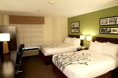 a hotel room with two beds and two lamps at Sleep Inn Sandusky in Sandusky