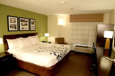 a hotel room with a large bed and a window at Sleep Inn Sandusky in Sandusky