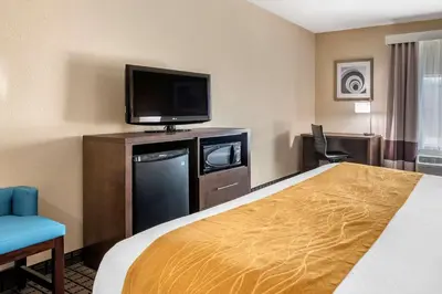 a hotel room with a bed and a flat screen tv at Comfort Inn & Suites Cincinnati Uptown Clifton in Cincinnati