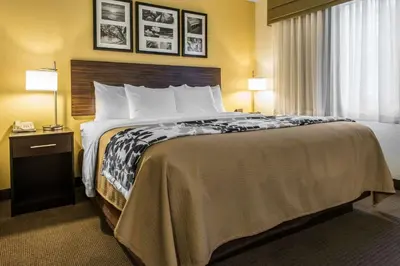 a hotel room with a large bed and a window at Sleep Inn & Suites Pittsburgh Airport in Imperial