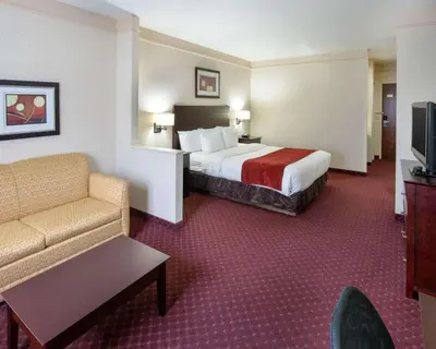 a hotel room with a bed and a couch at Comfort Suites Parkersburg South in Mineralwells