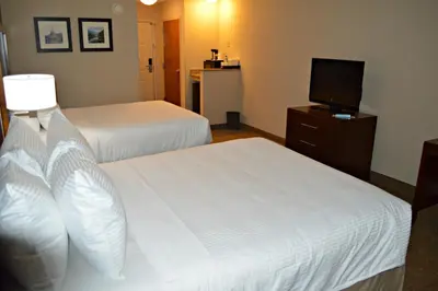 a hotel room with two beds and a flat screen tv at Wyndham Garden Hotel Cross Lanes Charleston in Charleston