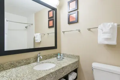 a bathroom with a sink and a mirror and a toilet at Wyndham Garden Hotel Cross Lanes Charleston in Charleston