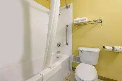 a bathroom with a white toilet and a bath tub at Econo Lodge Inn & Suites Triadelphia - Wheeling in Triadelphia