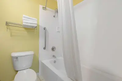 a bathroom with a white toilet and a shower at Econo Lodge Inn & Suites Triadelphia - Wheeling in Triadelphia