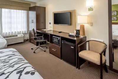 a hotel room with a desk with a television and a bed at Sleep Inn Charleston North in Charleston