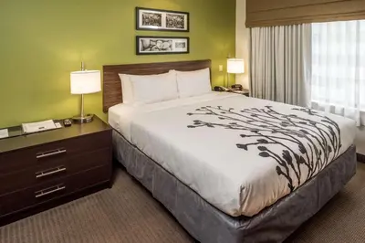 a bedroom with a bed and a desk with two lamps at Sleep Inn Charleston North in Charleston