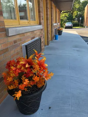 a potted plant on a sidewalk next to a building at Wolf Inn Hotel in Sandusky