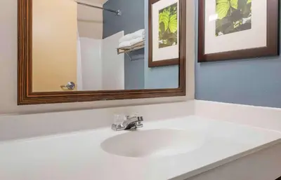 a bathroom with a white sink and a mirror at Extended Stay America Suites - Fort Wayne - South in Fort Wayne