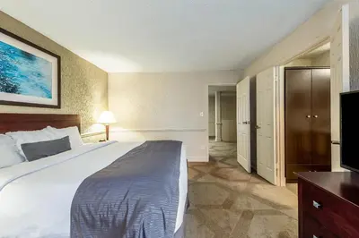 a hotel room with a large bed and a flat screen tv at The Blu Hotel Blue Ash Cincinnati, an Ascend Collection Hotel in Blue Ash