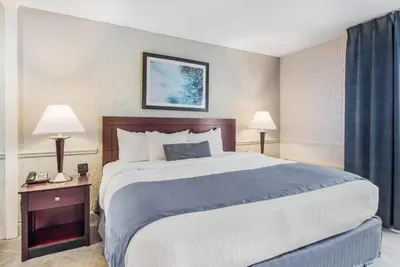 a hotel room with a large bed and two lamps at The Blu Hotel Blue Ash Cincinnati, an Ascend Collection Hotel in Blue Ash