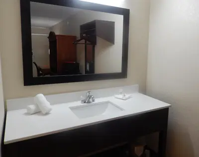 a bathroom with a white sink and a mirror at Red Roof Inn Wheelersburg in Wheelersburg