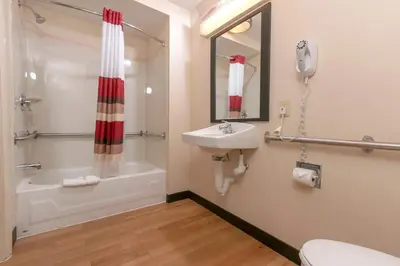a bathroom with a sink and a toilet and a shower at Red Roof Inn Wheelersburg in Wheelersburg