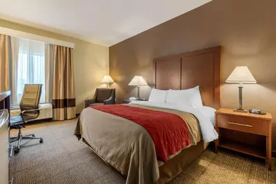 a hotel room with a bed and a desk and chair at Comfort Inn Warren I-69 in Warren