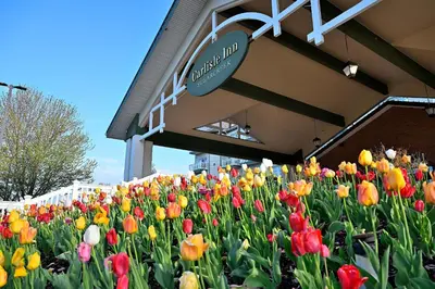 a bunch of flowers in front of a building at Carlisle Inn in Sugarcreek