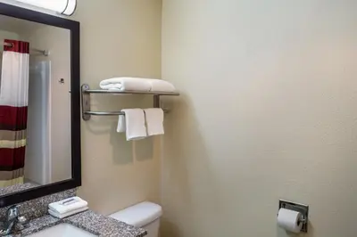 a bathroom with a toilet and a sink and a mirror at Red Roof Inn Richmond, IN in Richmond
